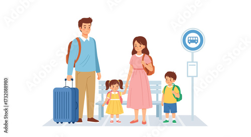 Cute character family traveling together at a bus stop, full of warmth and happiness