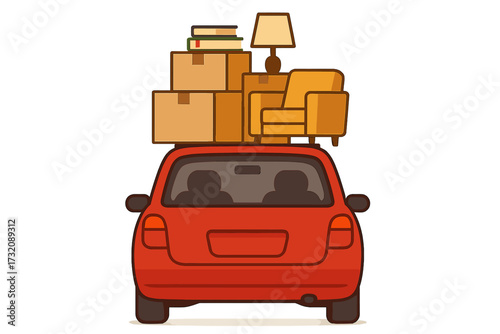 Moving to a new house. Red car overloaded with personal belongings. Back view of vehicle with furniture, boxes, lamp, and books on the roof. Relocation, fresh start, road trip.