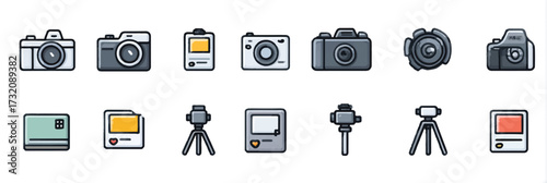 Collection of camera and photography equipment icons showcasing digital SLR camera mirrorless camera and tripod equipment for studio
