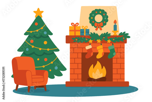 Christmas room interior in flat design. Cozy winter holiday scene with fireplace, decorated tree, armchair, gifts. Festive home celebration concept vector illustration. Xmas.
