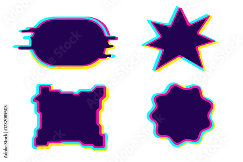 Distorted geometric labels set with neon glitch effect. Futuristic banners and sticker shapes. Abstract cyberpunk brutalist design elements. Vector frames for text isolated.