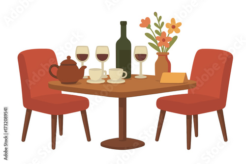 Reserved table for a romantic date in a cozy restaurant. Fine dining concept with red wine, coffee or tea, and flowers. Vector illustration of cafe interior furniture.