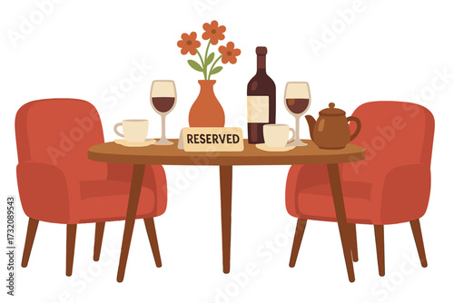 Reserved table in a restaurant for a romantic date. Cafe interior with armchairs, wine bottle, glasses, and a reserved sign. Cozy diner setting for two people. Flat vector illustration.
