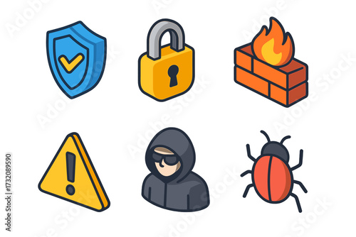 Cybersecurity isometric icon set. Hacker, virus, and malware concepts. Internet security symbols like shield, lock, firewall, warning sign, and bug. Vector illustration.