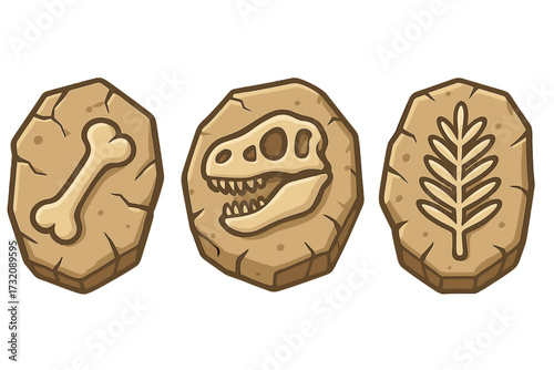 Cartoon fossils vector set. Ancient stones with prehistoric life. Bone, t-rex skull, araucaria leaf. Paleontology, archeology discovery. Graphic excavation elements collection.
