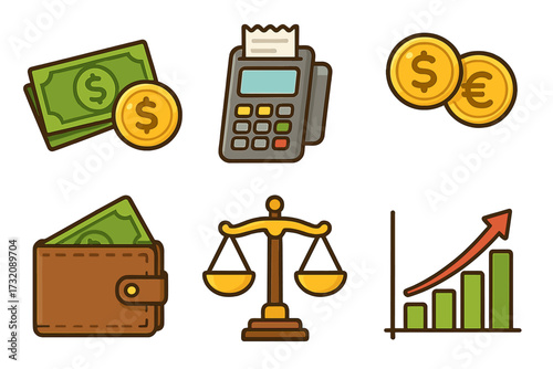 Finance icon set. Vector cartoon money, POS terminal, dollar and euro currency coins, wallet, justice scales, and growth chart. For business, banking, investment, economy.