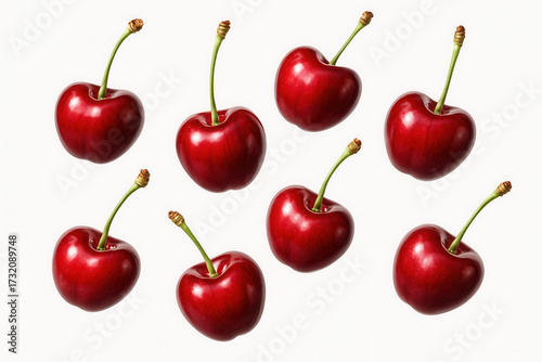 Cherries floating in the air on a white background.