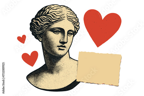 Valentine card concept. Antique goddess statue. Retro collage art with halftone effect. Ancient Greek sculpture face. Red hearts and torn paper. Love, romance, vintage aesthetic.