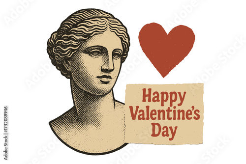 Happy Valentine's Day vintage card concept. Antique goddess statue in retro collage style. Love and romance illustration with halftone effect, torn paper, and heart graphic.