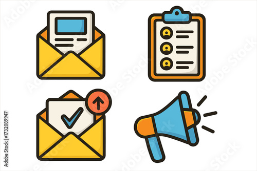 Email marketing vector icon set. Cartoon illustration of newsletter, subscriber list, sent email confirmation, and promotion megaphone. Digital marketing campaign elements.