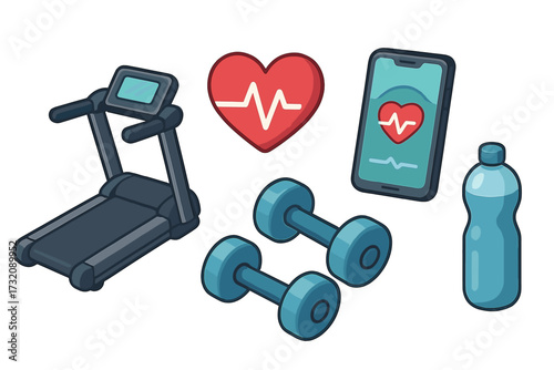 Isometric fitness and workout equipment set. Vector icons of treadmill, dumbbells, water bottle, and health app on smartphone for cardio training and gym exercise concept.