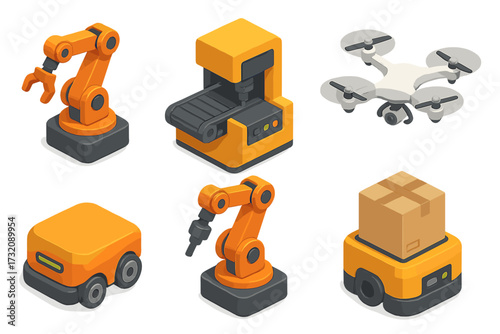 Isometric set of factory automation icons. Robotic arm, conveyor, drone and delivery robot. Vector illustration for smart industry, warehouse logistics and manufacturing technology.