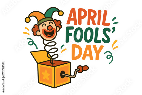 April Fools' Day jack in the box vector. Funny clown popping out in a surprise. Jester joke prank concept. First of april holiday greeting. Retro cartoon toy illustration.