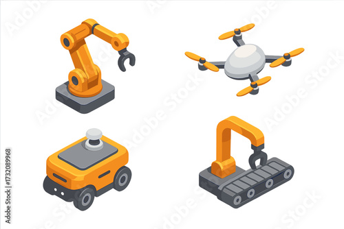Isometric factory robots and drones set. Modern industrial icons in 3D design. Vector cartoon illustration of robotic arm, AGV, and conveyor for smart industry automation.