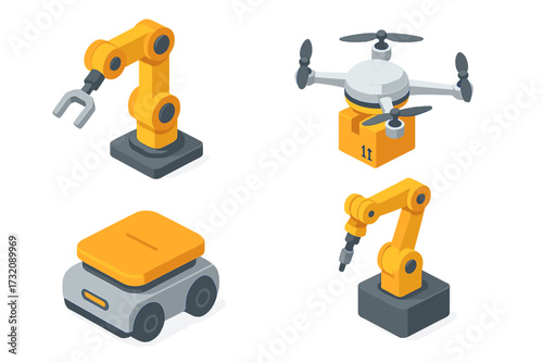 Isometric set of factory automation icons. Robotic arm, delivery drone, and autonomous mobile robot for warehouse logistics. Modern industrial vector illustrations in 3D style.