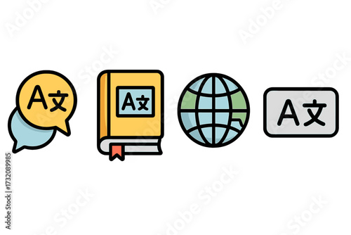 Language translation icon set. Global communication concept. International translator, dictionary book, world globe, subtitles. Multilingual learning, speech bubble, language school.