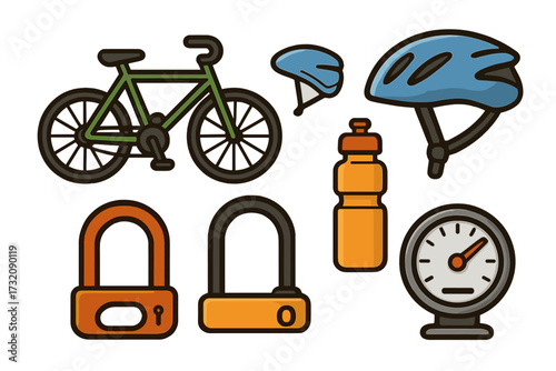 Bicycle essentials icon set. Vector cartoon illustration of bike, helmet, water bottle, U-lock, pressure gauge. Cycling sport safety equipment and gear graphic elements.