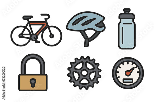 Bicycle essentials icon set. Cycling equipment vector collection with bike, helmet, water bottle, security lock, gear, speedometer. Bike accessories cartoon illustration.