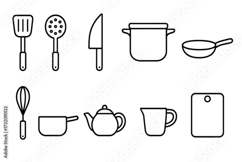 Kitchen utensils icon set for cooking. Minimalist line art vector symbols. Cookware, pot, pan, knife, spatula, whisk outline. Food preparation graphic elements collection.