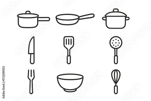 Kitchen utensils and cookware icon set. Simple black and white outline style vector illustration for cooking and food preparation. Includes pot, pan, knife, and whisk.