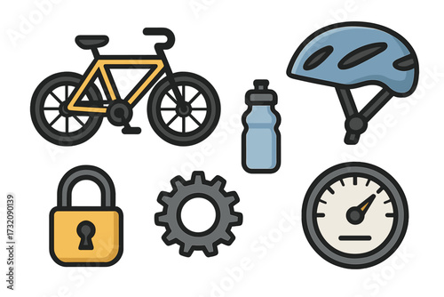 Bicycle essentials icon set with helmet, water bottle, lock, gear and speedometer. Cycling equipment and bike accessories collection. Safety sport items. Vector flat illustration.
