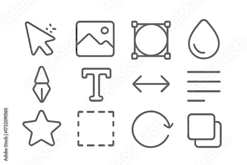 Minimalist outline icons for design tools. Vector graphic editor interface elements. UI UX icon set with pen, text, cursor, transform, align, rotate and selection tools.