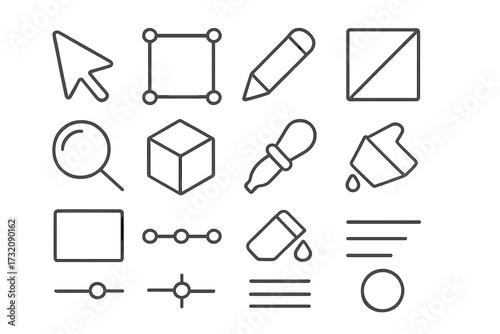 Set of minimalist outline icons for graphic design software and user interfaces. Vector symbols for web and app development tools like cursor, pencil, fill, and zoom. UI UX kit.