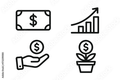 Investment growth and financial success concept icon set. Vector line art symbols for business, profit, income, savings, and money. Minimalist chart, plant, and currency icons.