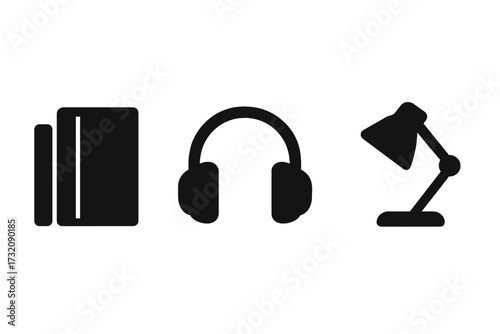 Minimalist reading icon set. Book, headphones, and lamp silhouettes. Vector symbols for audiobook, podcast, education, study, library, and e-learning. Modern flat design elements.