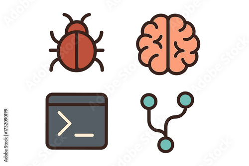 Technology icon set for software development. Coding, programming concepts. Bug, debugging, AI brain, terminal command line, git branch for version control. Cartoon vector.