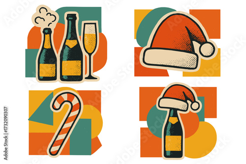 New Year halftone collage vector set. Modern retro paper cutout stickers with champagne, Santa hat, candy cane. Christmas card and poster template elements for holiday design.
