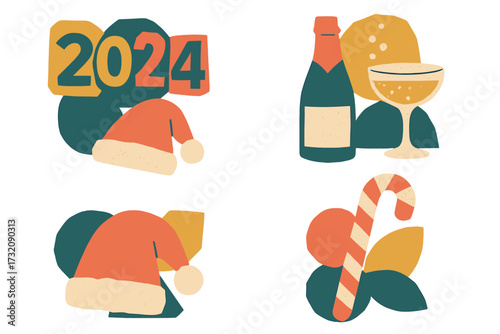 New Year Christmas collage set. Modern retro vector illustrations with halftone texture. Paper cut-out shapes of champagne, Santa hat, candy cane for cards and posters.
