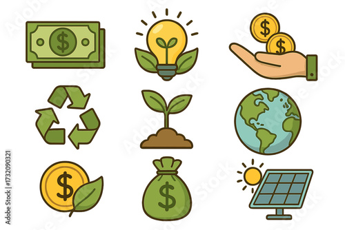 Green business and sustainable finance icon set. Vector illustration of eco-friendly concepts like renewable energy, investment, recycling, money saving, ESG, and planet care.