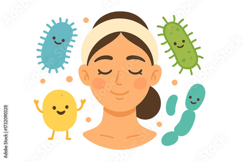 Skin microflora and microbiome concept. Good bacteria and probiotics for healthy face. Dermatology and cosmetology science. Normal flora and friendly microorganisms for skin care.