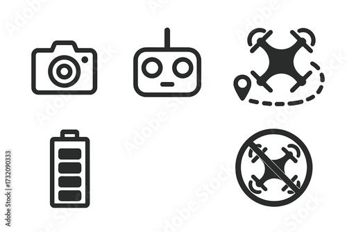 Drone minimal icons set with camera, remote, flight path, battery, no drone zone. Vector illustration collection of quadcopter pictograms for UAV technology and aviation.