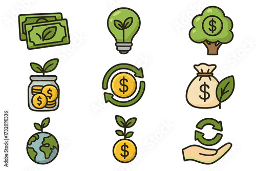 Sustainable finance icon set. Green economy concept. Icons for ESG, circular economy, money saving, investment, and environmental protection. Vector cartoon illustration.