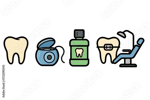 Dental care icon set for oral hygiene and dentistry. Vector cartoon symbols of tooth, floss, mouthwash, braces, and dentist chair. Medical orthodontics and health concept.