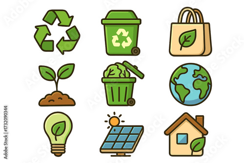 Eco-friendly icons set for sustainability and conservation. Green energy, recycling, and waste management symbols. Ecology vector collection with solar panel, earth, and plant.