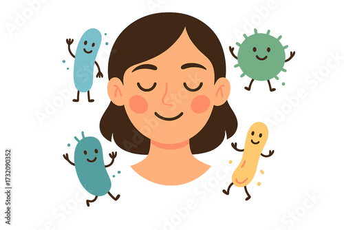 Skin microbiome concept. Normal microflora with good bacteria for healthy face. Probiotic skincare and dermatology. Friendly germs on woman. Vector cartoon flat illustration.