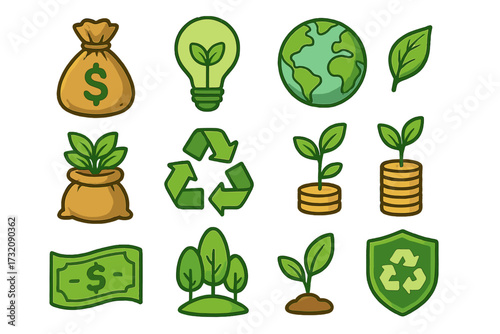 Eco-friendly icons set for sustainable business and green finance. Vector cartoon illustration of money, growth, recycling, and environmental protection concepts. ESG investment.
