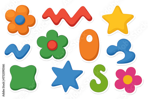 Colorful 3D abstract shapes sticker pack. Playful set of groovy flowers, stars, and biomorphic forms. Cute retro Y2K kidcore illustration with vibrant geometric elements.