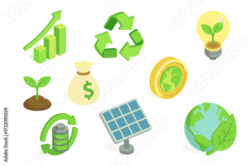 Isometric icon set for green business, ESG, and sustainability. Eco-friendly finance, investment, and renewable energy concepts. Vector icons for ecology and economic growth.
