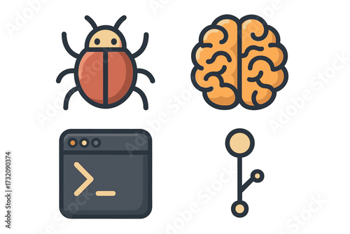 Technology and programming icon set. Bug report, artificial intelligence, terminal, version control branch. Vector cartoon symbols for software development and coding concepts.