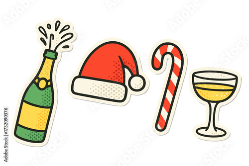 New Year and Christmas party sticker set. Halftone collage elements with cut-out paper effect. Modern retro vector icons: champagne bottle, Santa hat, candy cane, glass.