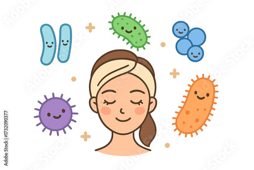Normal skin microflora concept. Good bacteria and microbiome for healthy face. Probiotic skincare, dermatology. Cute germs, woman face. Vector cartoon illustration set.