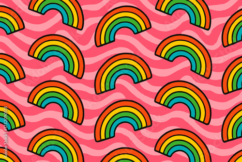 Retro 60s groovy rainbow seamless pattern. Psychedelic hippie style vector background with bright stripes. Vintage 70s fun and happy wavy pink wallpaper illustration.