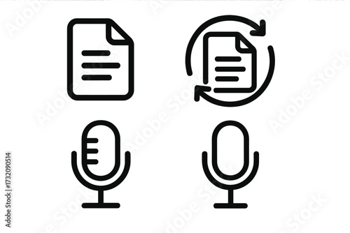Note syncing and voice recording icon set. Minimalist vector line art for UI UX design. Document file sync, refresh, update, backup, cloud. Microphone audio record symbol.
