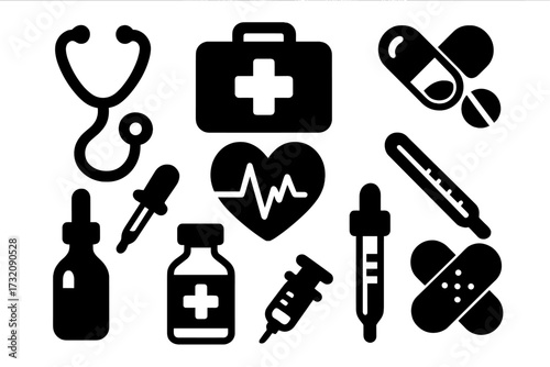 Medical icon collection. Healthcare equipment and tools in bold silhouette design. Vector set for hospital, pharmacy, and first aid. Medicine, syringe, cardiology concept.