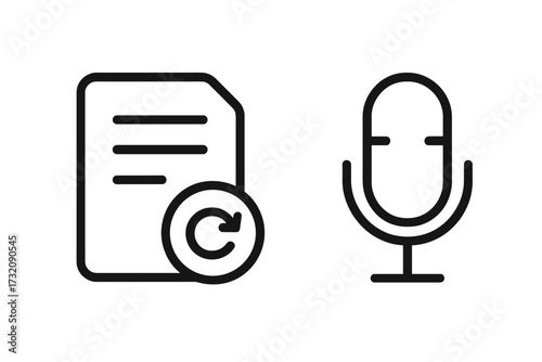Minimalist icon set of note sync and voice recording. Vector line art symbols for UI UX design. Document update, file refresh, and microphone for audio memo or podcast app.