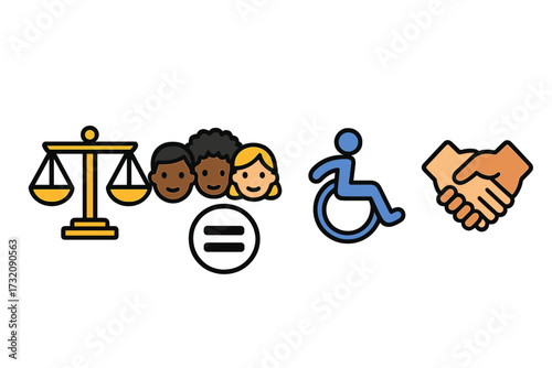 DEI icon set. Diversity, equity, inclusion concept. Social justice values. Vector cartoon illustration of law scale, multi-ethnic faces, equality, accessibility, trust handshake.